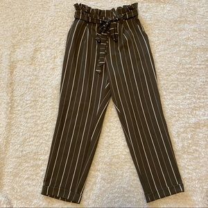 Army green/cream striped dress pants, Juniors medium (7/9), tie belt, cuffed hem